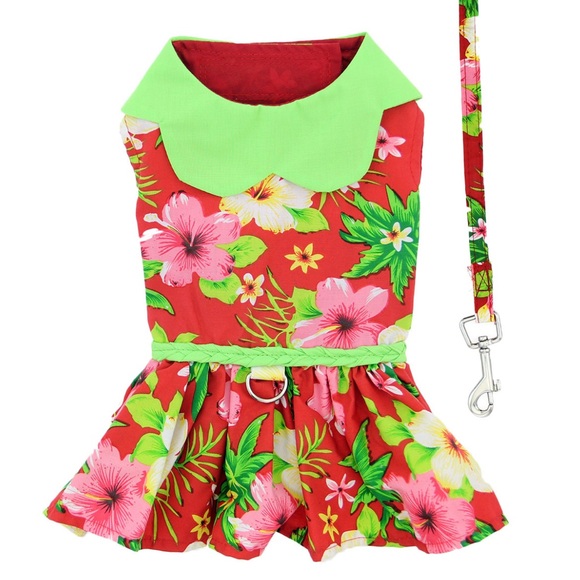 Doggie Design Pet Fashion Hawaiian Red Hibiscus Dog Dress, with Leash- Large - Picture 2 of 10